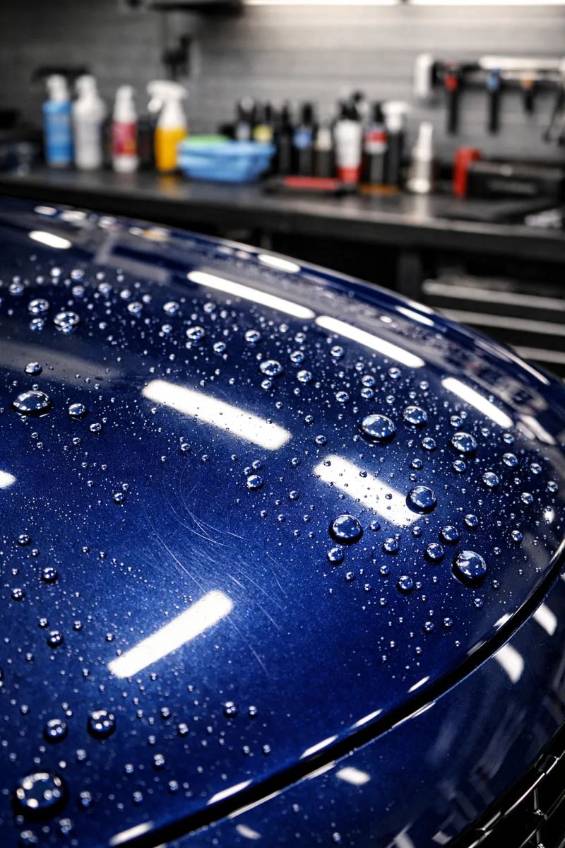 Detailer using a microfiber mitt and deionized water to wash a vehicle in Seattle